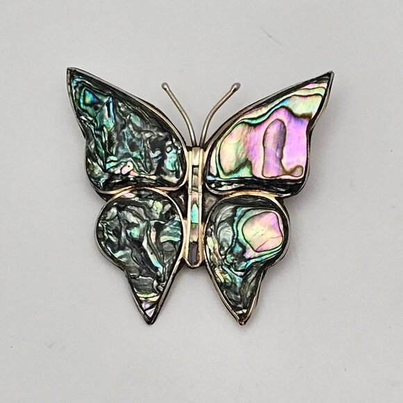 VTG Brooch Silver Tone Alpaca Iridescent Rainbow Abalone Shell Inlay Fairycore - Picture 4 of 16